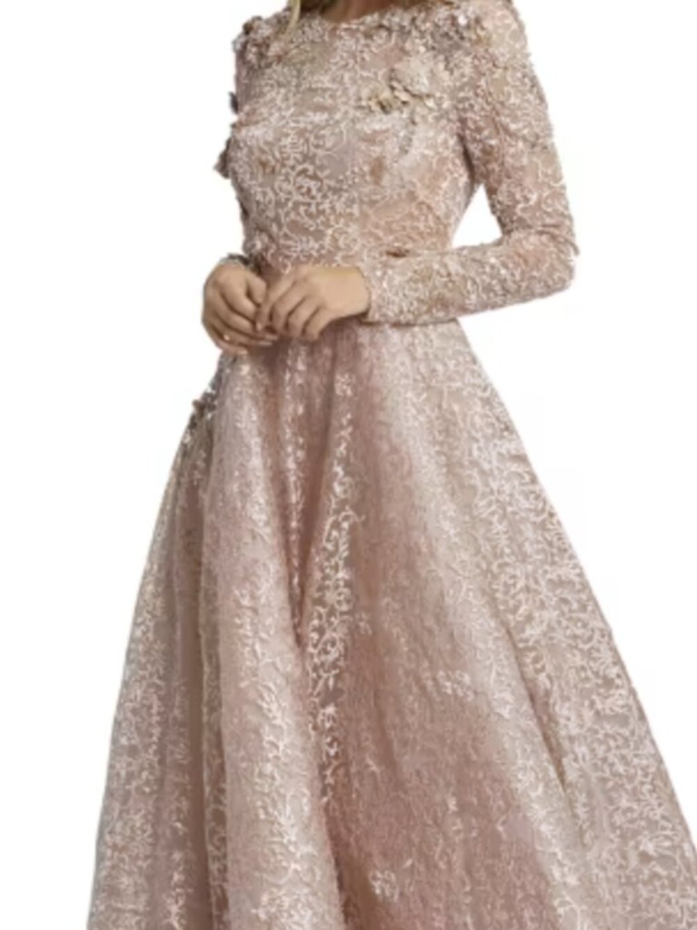 Mac Duggal Embellished Long-Sleeve Floral Lace A-Line Gown